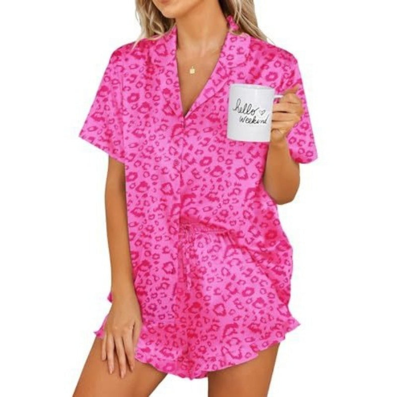 Womens Satin Pajamas Set Button Down 2 Piece Silk Pjs Shorts Set Ruffle Lingerie Notch Collar Sleepwear