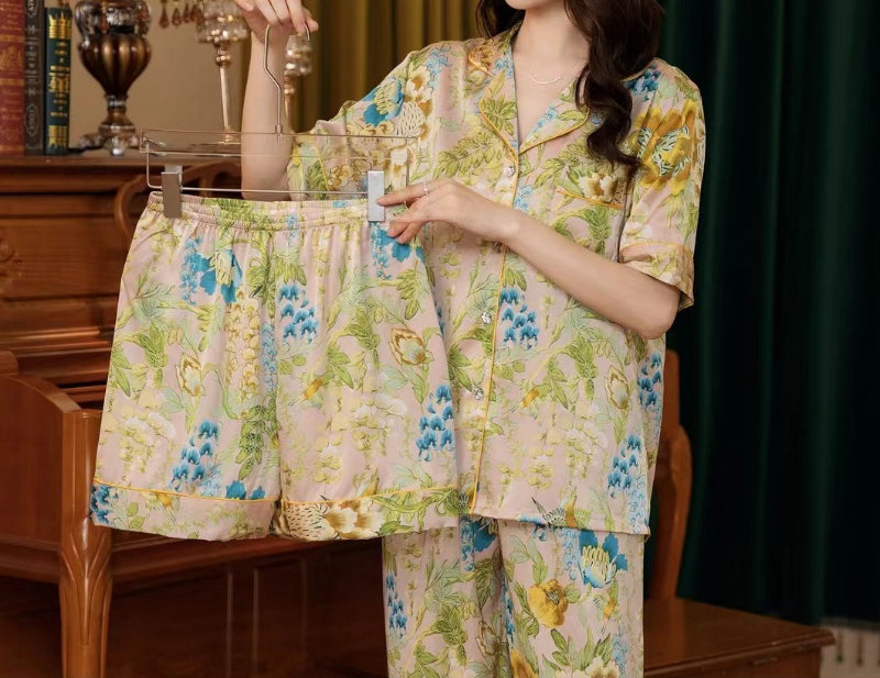 3Pcs Printed Ice Silk Faux Silk Pajama Loungewear Set