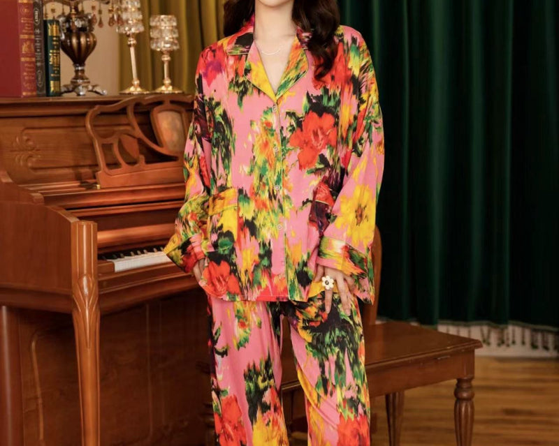 3Pcs Printed Ice Silk Faux Silk Pajama Loungewear Set