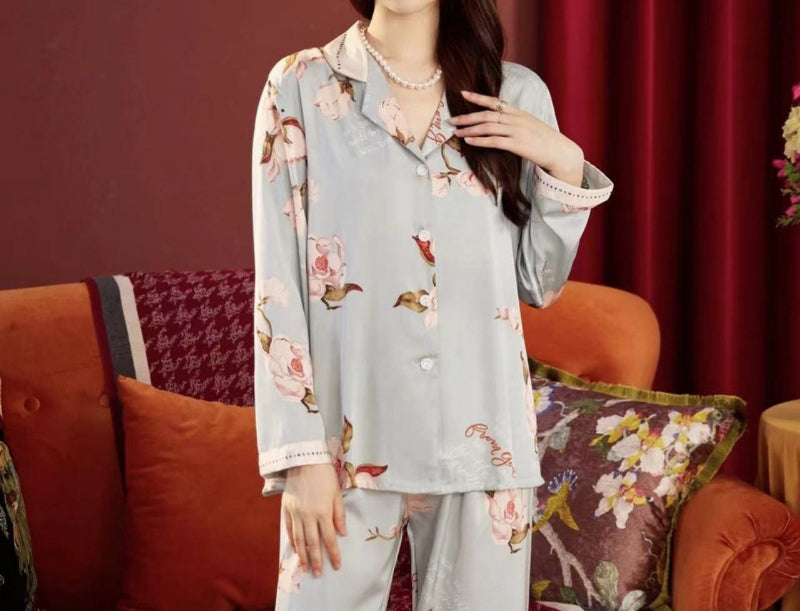 3Pcs Printed Ice Silk Faux Silk Pajama Loungewear Set