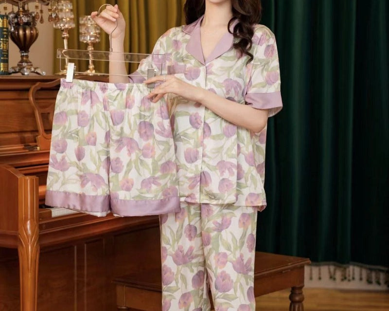 3Pcs Printed Ice Silk Faux Silk Pajama Loungewear Set