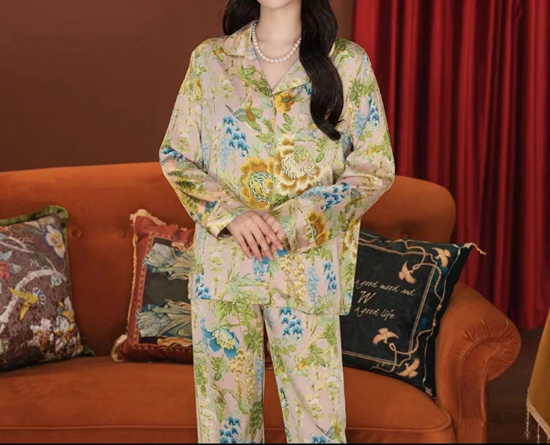 3Pcs Printed Ice Silk Faux Silk Pajama Loungewear Set