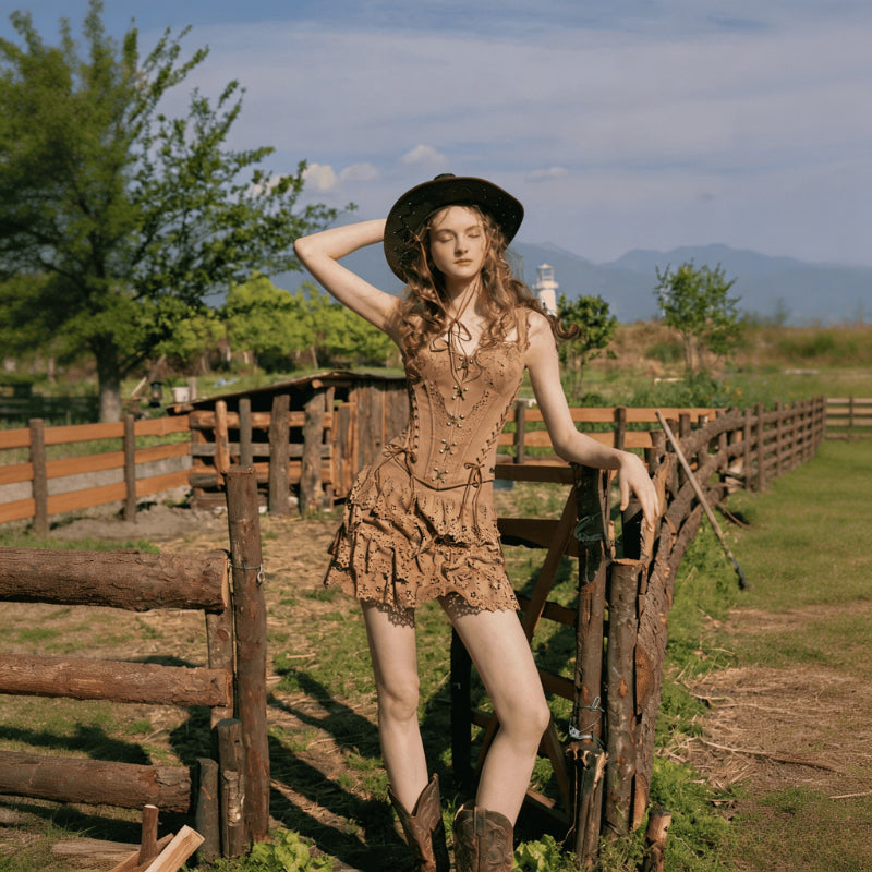 Vintage Bohemian Hollow Out Suede Fitted Corset