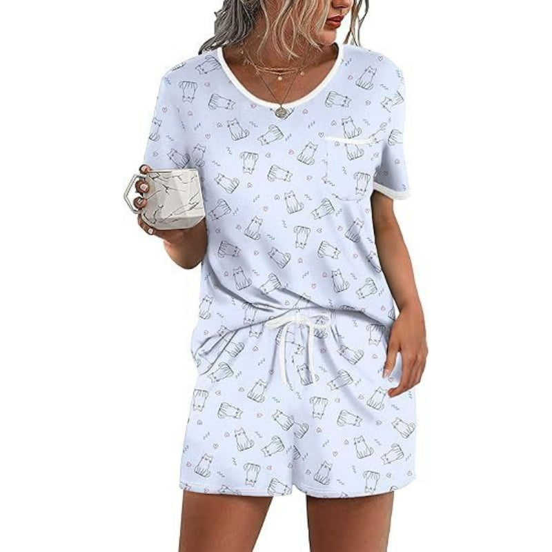 Pajama Set for Women 2 Piece Lounge Set Short Sleeve Tops and Shorts Soft Sleepwear, Chest Pocket