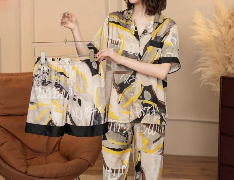 3Pcs Printed Ice Silk Faux Silk Pajama Loungewear Set
