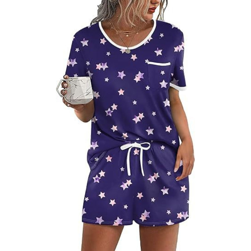Pajama Set for Women 2 Piece Lounge Set Short Sleeve Tops and Shorts Soft Sleepwear, Chest Pocket