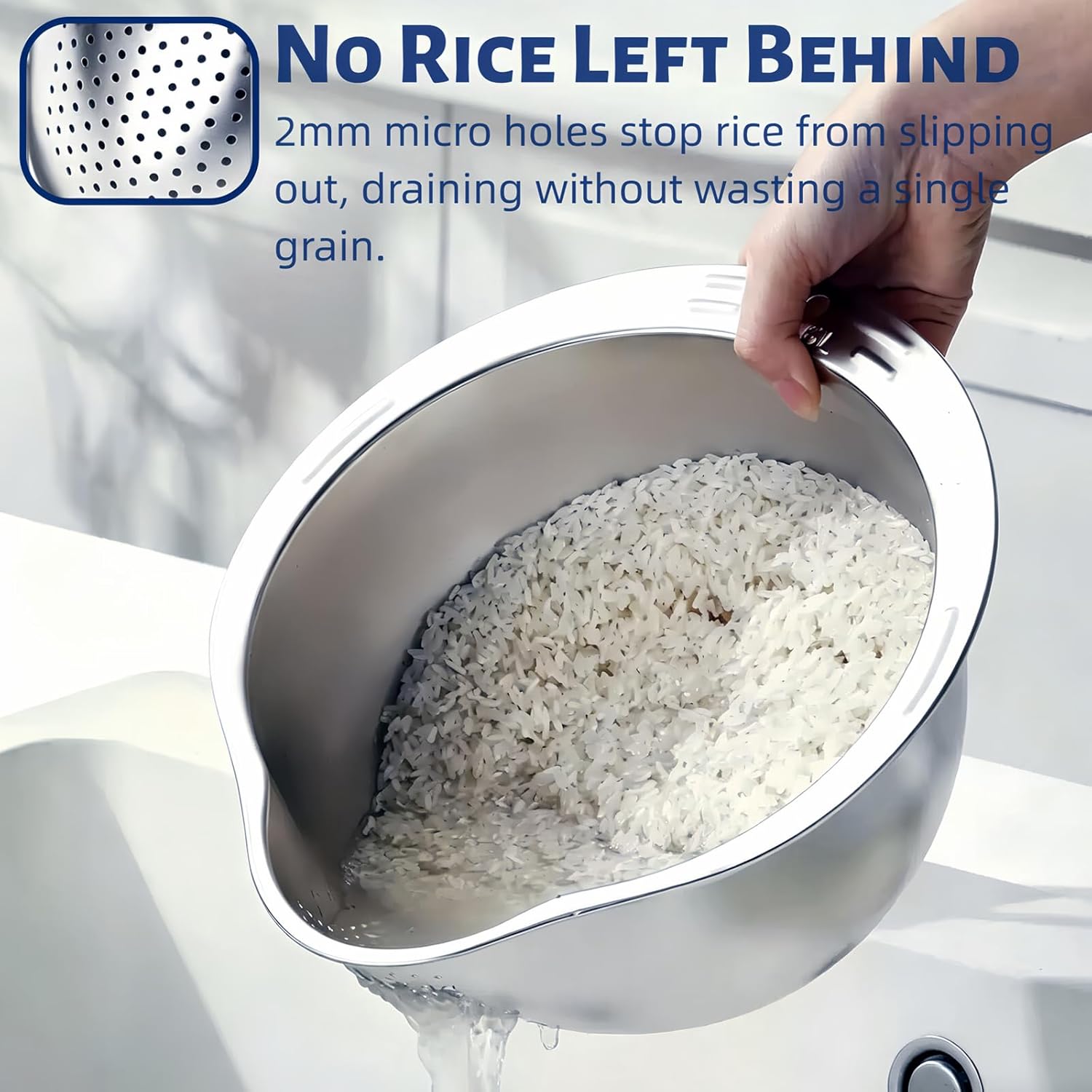 Rice Washer Strainer Bowl Stainless Steel Colander with Side Drainer | Ideal for Soaking, Washing, Cleaning, and Rinsing Rice, Fruits, Vegetables & Beans, Versatile Kitchen Tool