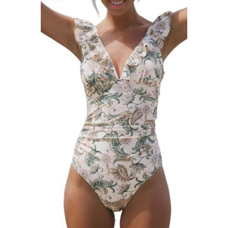 V-Neck Ruffled One-Piece Swimsuit