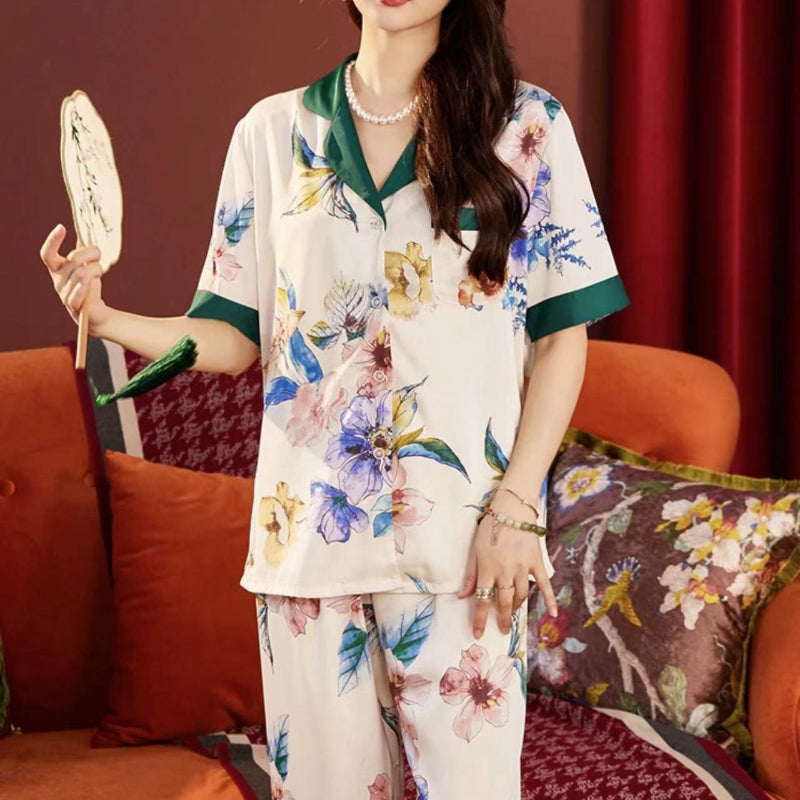 3Pcs Printed Ice Silk Faux Silk Pajama Loungewear Set