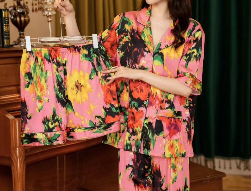 3Pcs Printed Ice Silk Faux Silk Pajama Loungewear Set