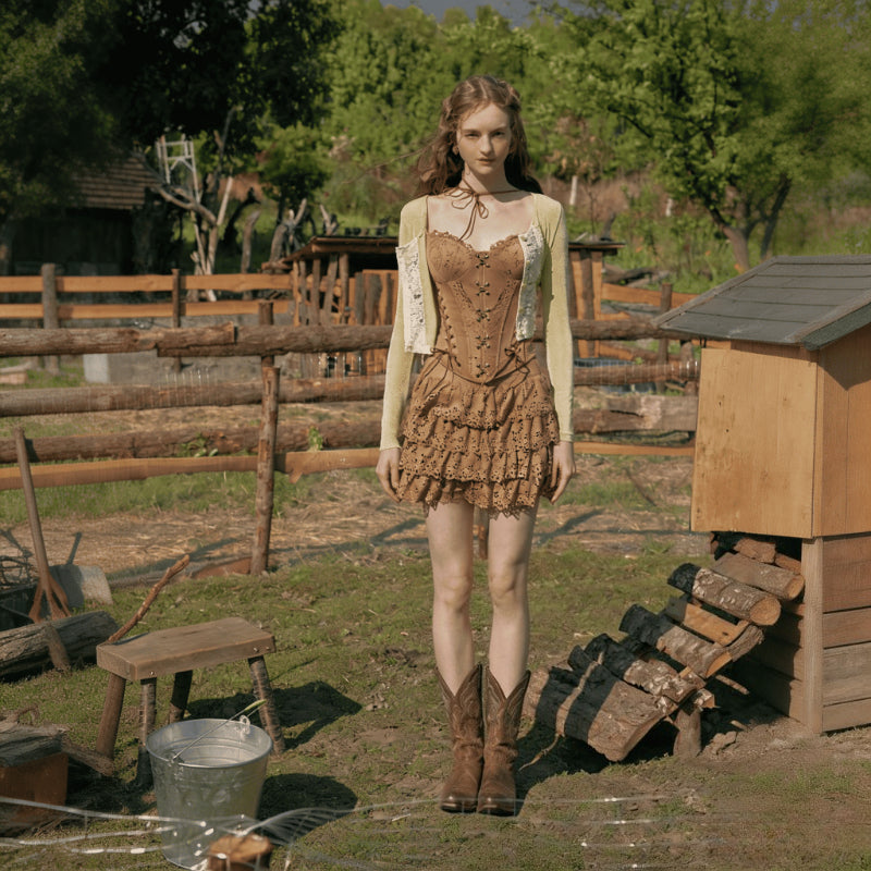 Vintage Bohemian Hollow Out Suede Fitted Corset