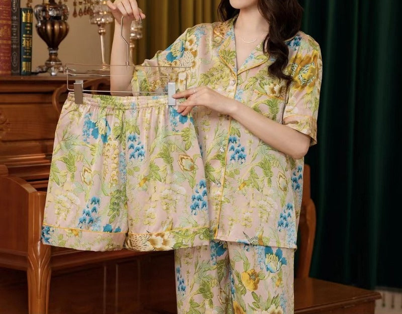 3Pcs Printed Ice Silk Faux Silk Pajama Loungewear Set