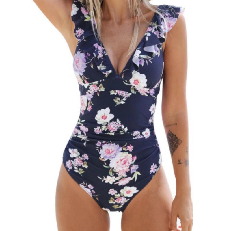 V-Neck Ruffled One-Piece Swimsuit