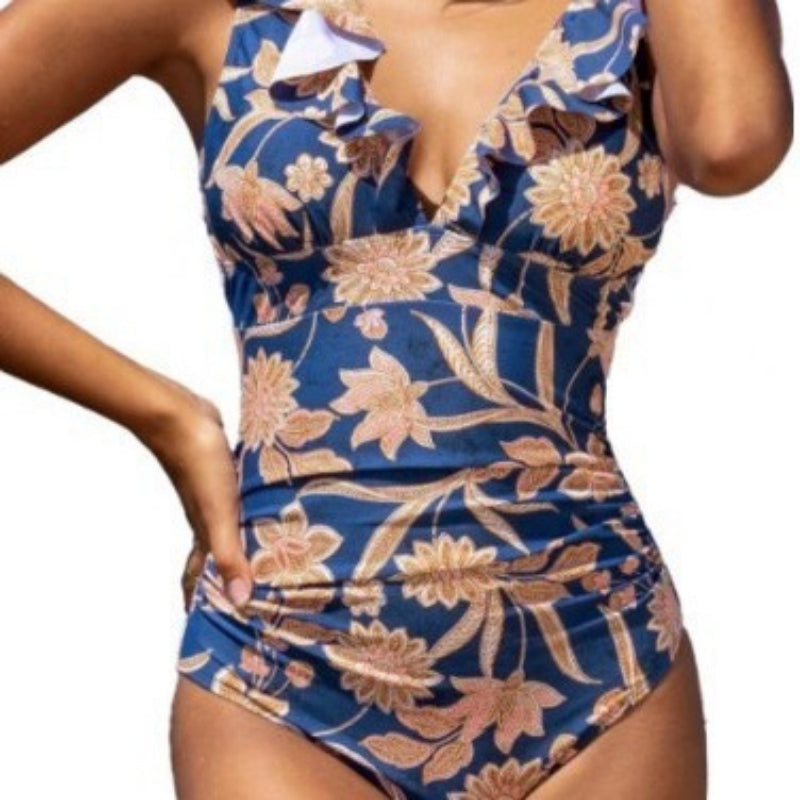 V-Neck Ruffled One-Piece Swimsuit