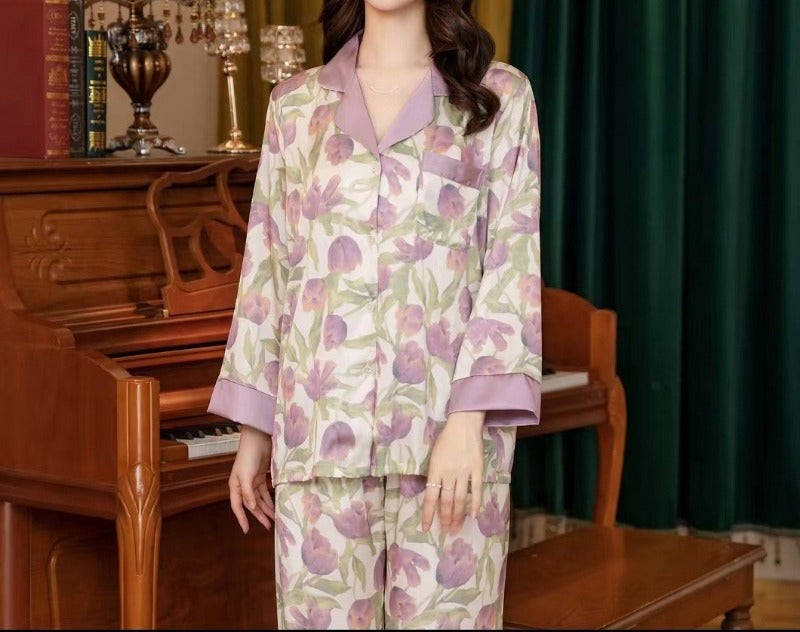 3Pcs Printed Ice Silk Faux Silk Pajama Loungewear Set