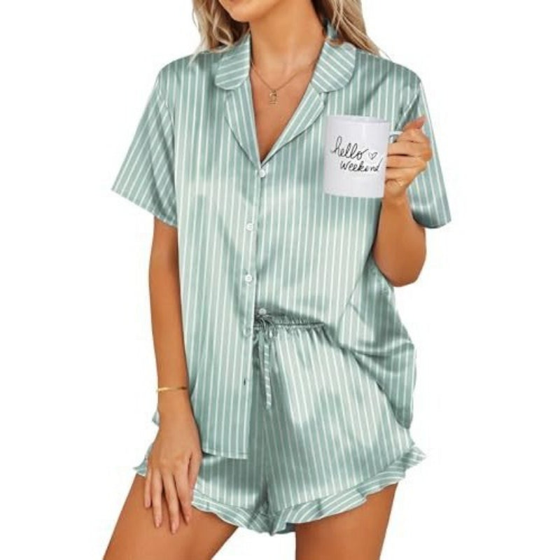 Womens Satin Pajamas Set Button Down 2 Piece Silk Pjs Shorts Set Ruffle Lingerie Notch Collar Sleepwear