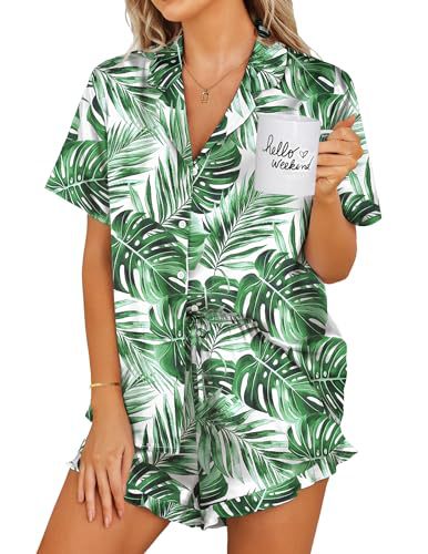 Womens Satin Pajamas Set Button Down 2 Piece Silk Pjs Shorts Set Ruffle Lingerie Notch Collar Sleepwear