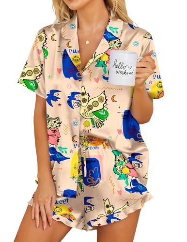 Womens Satin Pajamas Set Button Down 2 Piece Silk Pjs Shorts Set Ruffle Lingerie Notch Collar Sleepwear