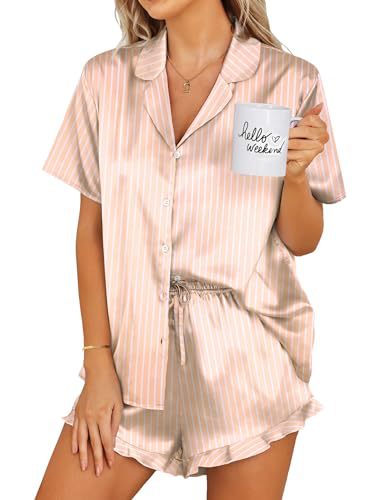 Womens Satin Pajamas Set Button Down 2 Piece Silk Pjs Shorts Set Ruffle Lingerie Notch Collar Sleepwear