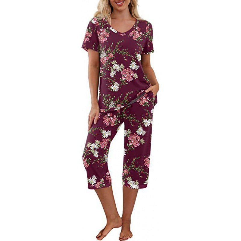 Women's Pajama Set Short Sleeve Shirt and Capri Pants Sleepwear Pjs Sets with Pockets