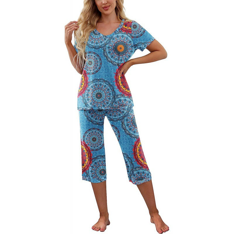 Women's Pajama Set Short Sleeve Shirt and Capri Pants Sleepwear Pjs Sets with Pockets