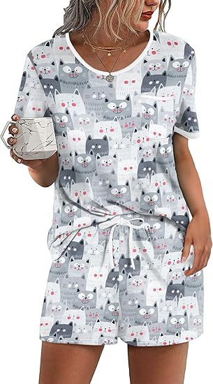 Pajama Set for Women 2 Piece Lounge Set Short Sleeve Tops and Shorts Soft Sleepwear, Chest Pocket