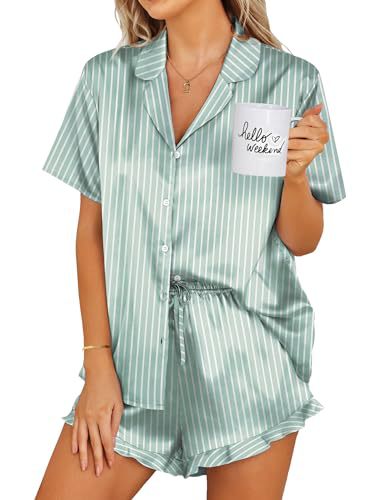 Womens Satin Pajamas Set Button Down 2 Piece Silk Pjs Shorts Set Ruffle Lingerie Notch Collar Sleepwear
