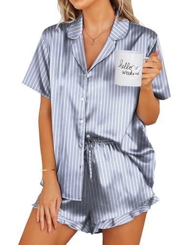 Womens Satin Pajamas Set Button Down 2 Piece Silk Pjs Shorts Set Ruffle Lingerie Notch Collar Sleepwear