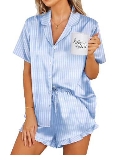 Womens Satin Pajamas Set Button Down 2 Piece Silk Pjs Shorts Set Ruffle Lingerie Notch Collar Sleepwear