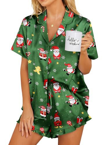 Womens Satin Pajamas Set Button Down 2 Piece Silk Pjs Shorts Set Ruffle Lingerie Notch Collar Sleepwear