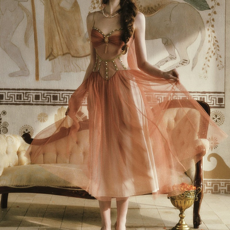 Vintage Palace Style Spaghetti Strap Dress, Waist-Cinched Lace Panel Long Dress