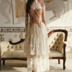 Vintage Palace Style Spaghetti Strap Dress, Waist-Cinched Lace Panel Long Dress