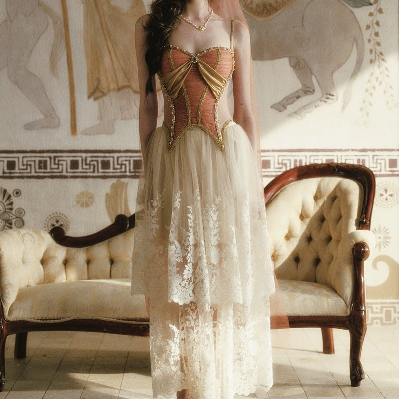 Vintage Palace Style Spaghetti Strap Dress, Waist-Cinched Lace Panel Long Dress