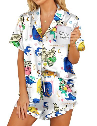 Womens Satin Pajamas Set Button Down 2 Piece Silk Pjs Shorts Set Ruffle Lingerie Notch Collar Sleepwear