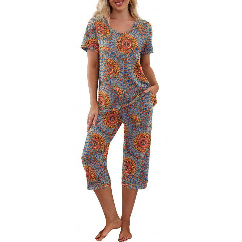 Women's Pajama Set Short Sleeve Shirt and Capri Pants Sleepwear Pjs Sets with Pockets