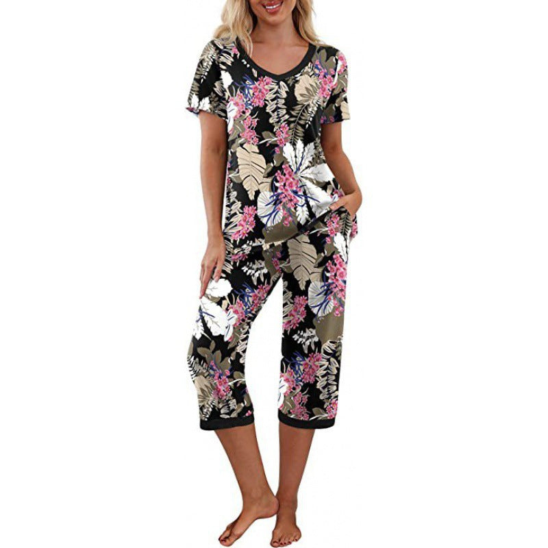 Women's Pajama Set Short Sleeve Shirt and Capri Pants Sleepwear Pjs Sets with Pockets