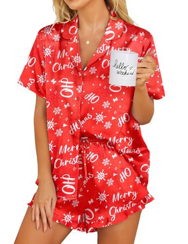 Womens Satin Pajamas Set Button Down 2 Piece Silk Pjs Shorts Set Ruffle Lingerie Notch Collar Sleepwear