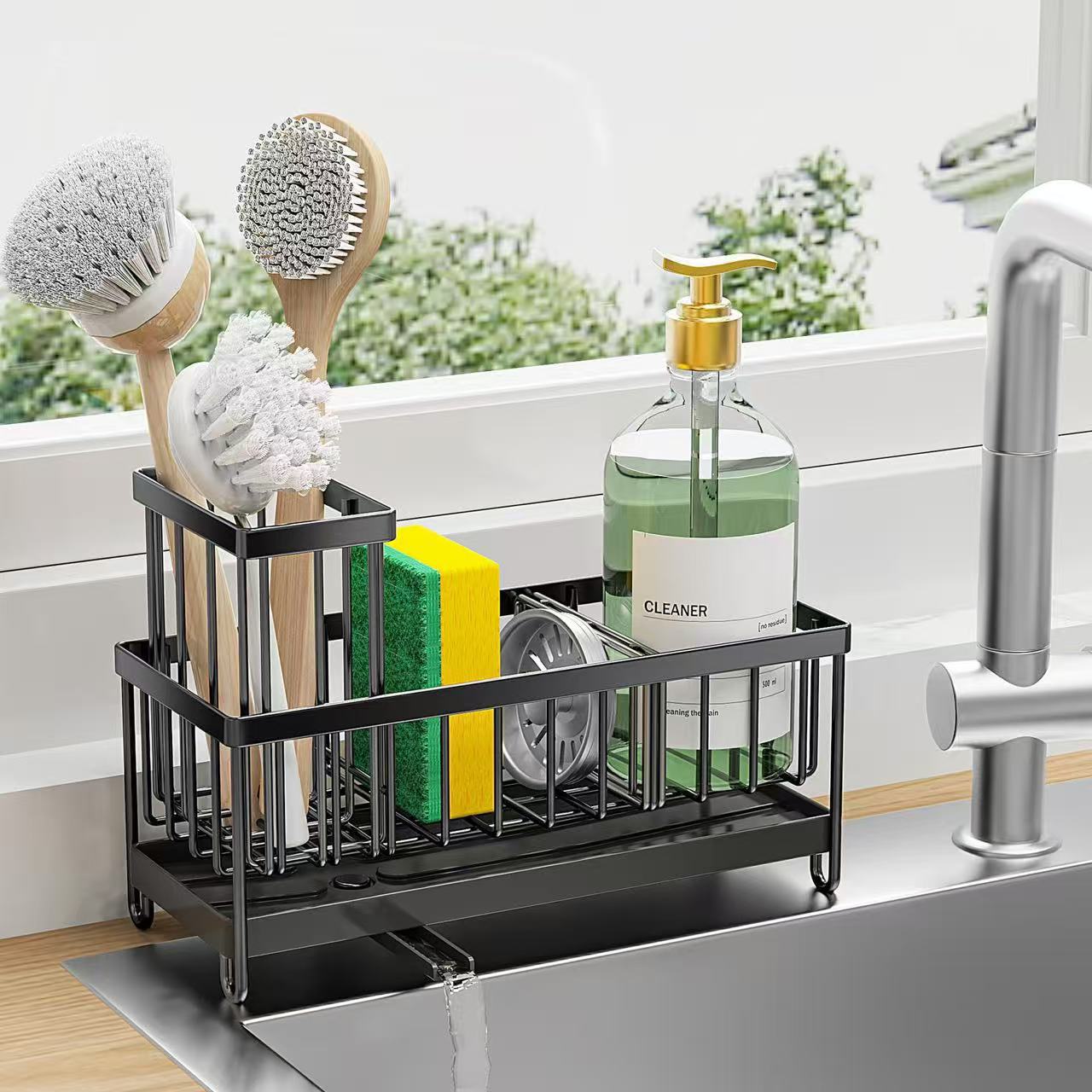 Multi-Functional Countertop Drain Rack for Kitchen Sponge, Sink Brush and Cleaning Tools