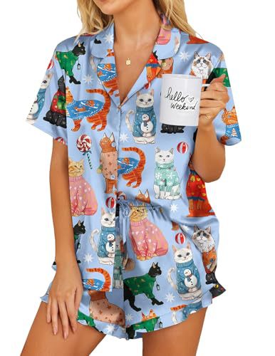 Womens Satin Pajamas Set Button Down 2 Piece Silk Pjs Shorts Set Ruffle Lingerie Notch Collar Sleepwear