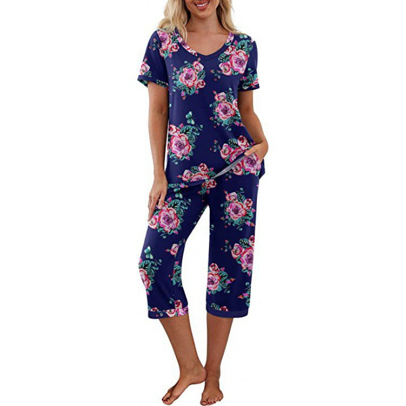 Women's Pajama Set Short Sleeve Shirt and Capri Pants Sleepwear Pjs Sets with Pockets