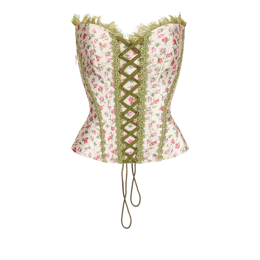 New Pastoral Floral Tie Strap Fitted Boned Tube Top