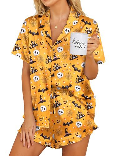 Womens Satin Pajamas Set Button Down 2 Piece Silk Pjs Shorts Set Ruffle Lingerie Notch Collar Sleepwear