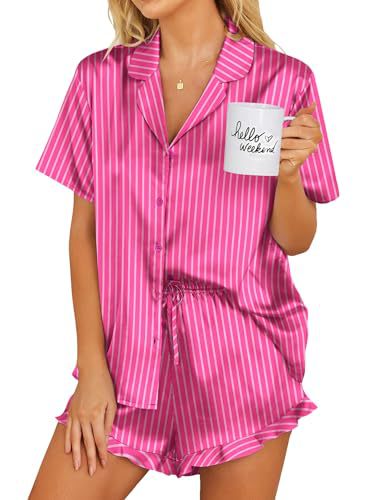 Womens Satin Pajamas Set Button Down 2 Piece Silk Pjs Shorts Set Ruffle Lingerie Notch Collar Sleepwear