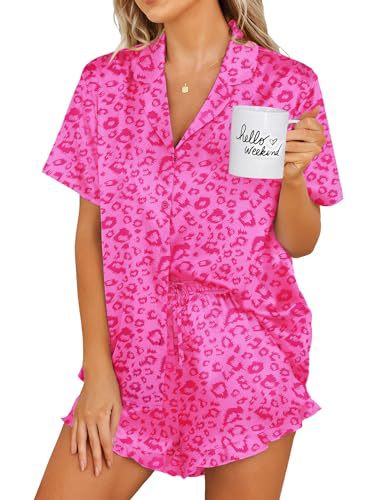 Womens Satin Pajamas Set Button Down 2 Piece Silk Pjs Shorts Set Ruffle Lingerie Notch Collar Sleepwear