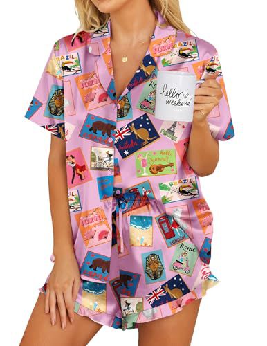 Womens Satin Pajamas Set Button Down 2 Piece Silk Pjs Shorts Set Ruffle Lingerie Notch Collar Sleepwear