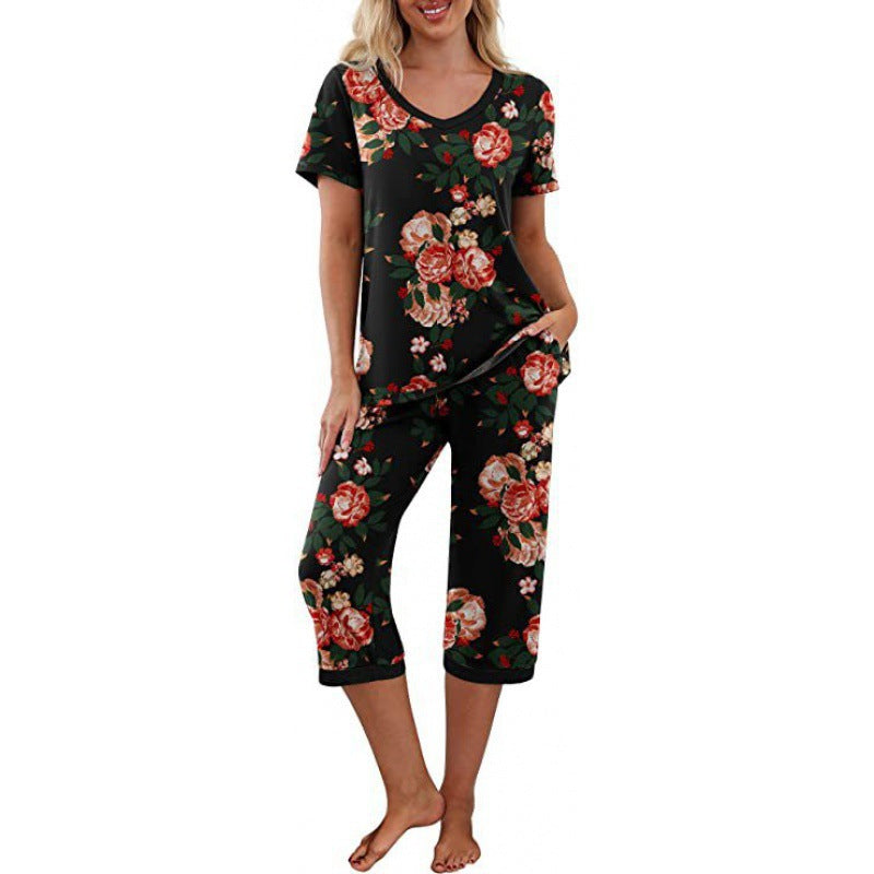 Women's Pajama Set Short Sleeve Shirt and Capri Pants Sleepwear Pjs Sets with Pockets