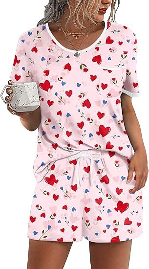 Pajama Set for Women 2 Piece Lounge Set Short Sleeve Tops and Shorts Soft Sleepwear, Chest Pocket