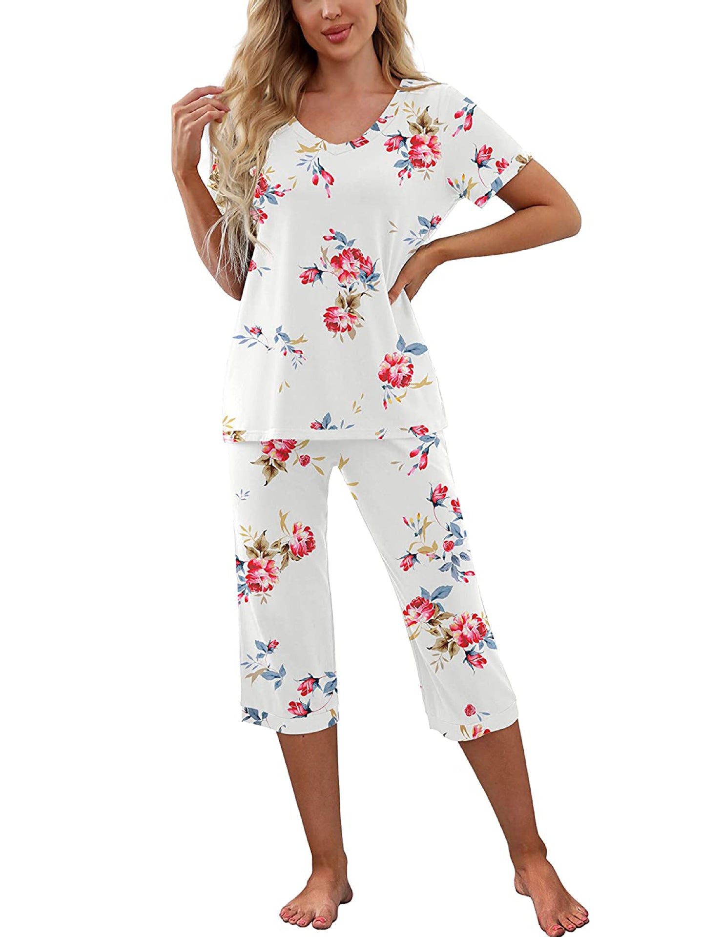 Women's Pajama Set Short Sleeve Shirt and Capri Pants Sleepwear Pjs Sets with Pockets