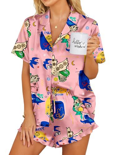 Womens Satin Pajamas Set Button Down 2 Piece Silk Pjs Shorts Set Ruffle Lingerie Notch Collar Sleepwear