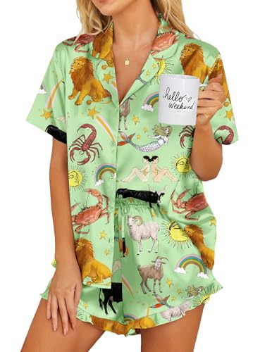 Womens Satin Pajamas Set Button Down 2 Piece Silk Pjs Shorts Set Ruffle Lingerie Notch Collar Sleepwear